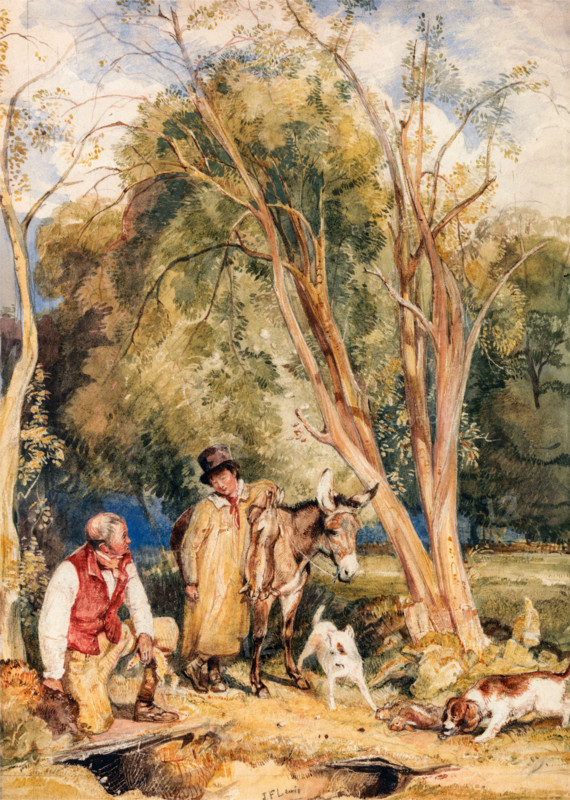 Gamekeeper and boy catching a rabbit