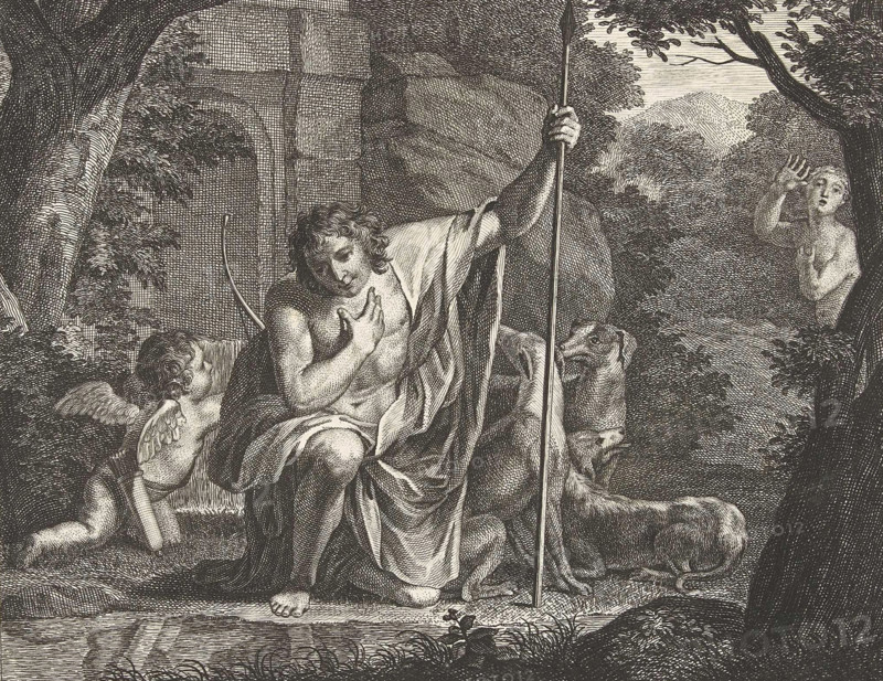 Narcissus contemplates his reflection in the water