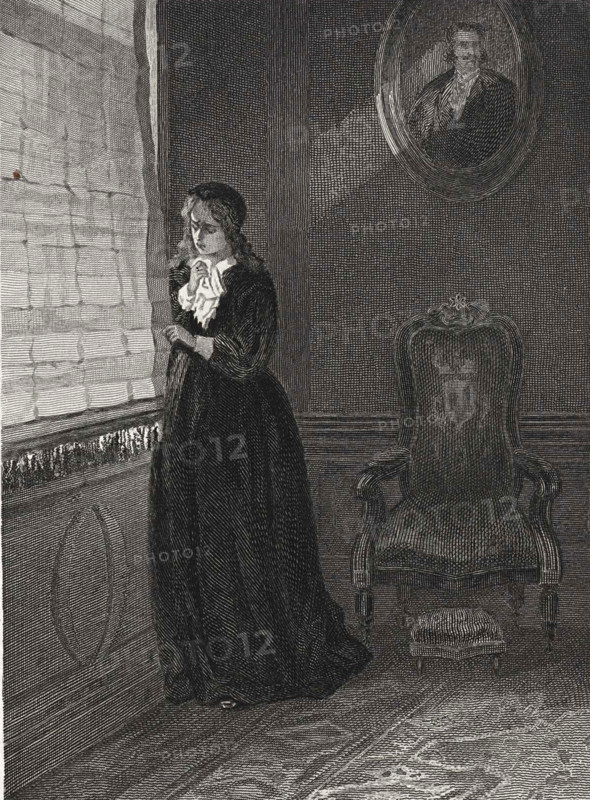 Weeping woman looking through a gap in the curtain