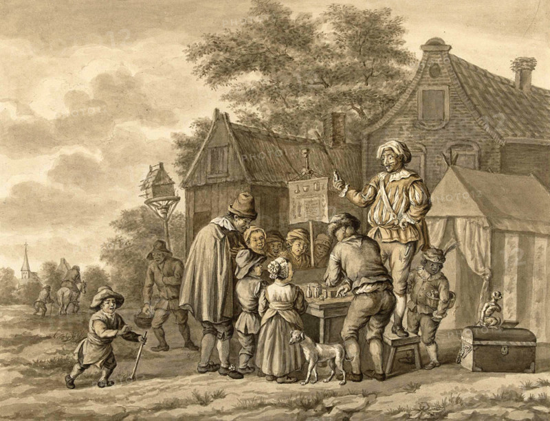 Quack doctor selling miracle cures to the village population
