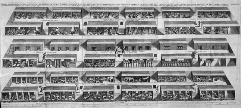 Interior view of Noah's Ark with the animals housed in their compartments on three decks
