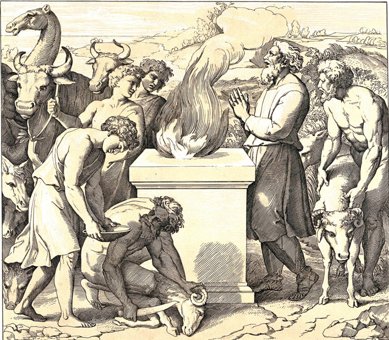 Noah burns sacrifices on an altar after the end of the Flood