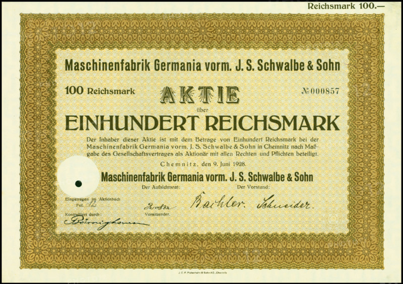 Share of 100 Reichsmarks of the Maschinenfabrik Germania
