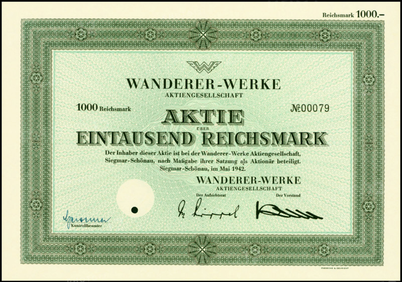 Share valued at 1,000 Reichsmarks of the Wanderer-Werke company in Chemnitz
