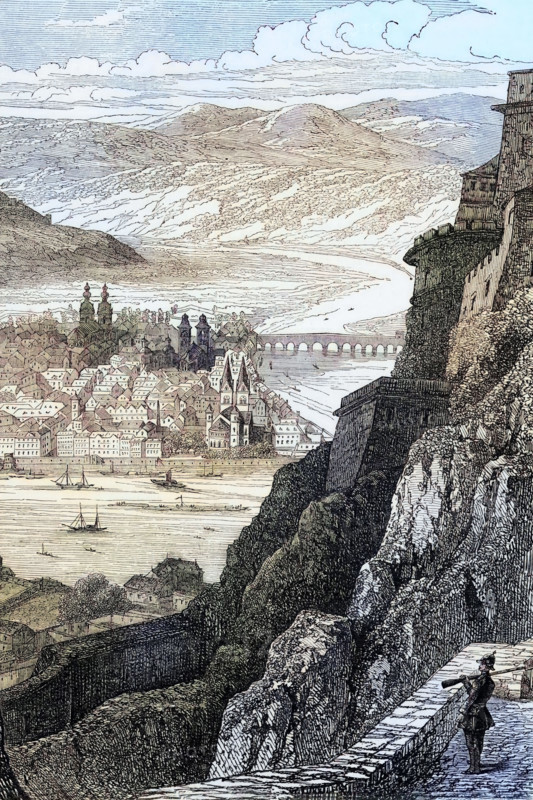 A view of Koblenz. a German city on both banks of the Rhine at its confluence with the Moselle. which became one of the most important meeting points for French emigrants. Germany. digital reproduction of a historical original
