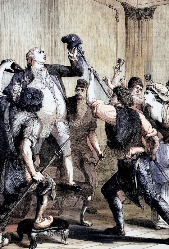 The people forced Louis XVI to wear the red cap in 1792. This immediately revealed the revolutionary zeal and plebeian solidarity of the Parisian sans-culottes. France. digital reproduction of a historical model.