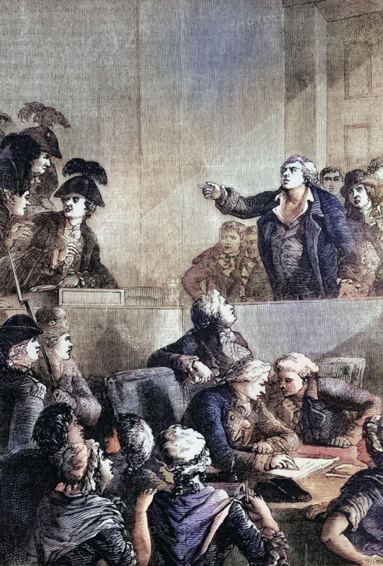 Georges Jacques Danton. a leading figure in the early stages of the French Revolution. defends himself before the tribunal against various (political) accusations related to his actions. France. digital reproduction of a historical original