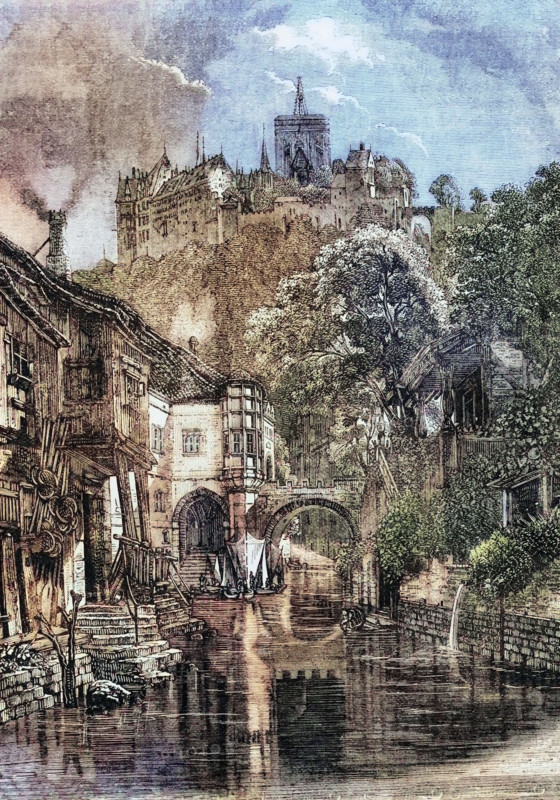 Meissen. a city with about 30,000 inhabitants in 1820. about 25 kilometers northwest of Dresden on both banks of the Elbe in the Free State of Saxony in Germany. digital reproduction of a historical model