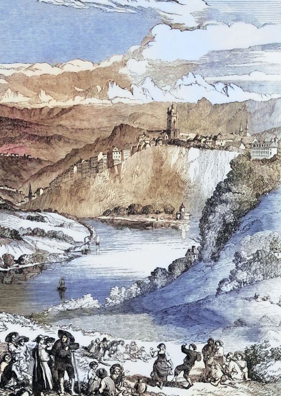The river Aare in the city of Bern or Bern. Switzerland. digital reproduction of a historical original