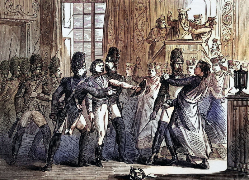 Napoleon Bonaparte leads a group of grenadiers who expelled the Council of Five Hundred (the lower house of the legislature) from its chambers and installed him as leader of France and its first consul in the coup d'état of the 18th Brumaire. digital reproduction of a historical original