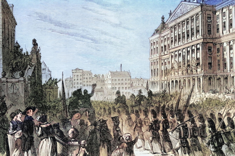 French troops marching into Amsterdam during the French Revolutionary Wars or Napoleonic Wars (1803-15). digital reproduction of a historical original