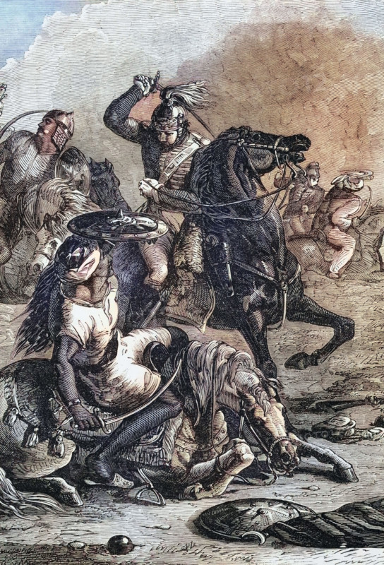 The Battle of Assaye was a significant battle in the Second Maratha War between the Maratha Confederacy and the British East India Company. It took place on 23 September 1803 near Assaye in western India. India. Digital reproduction of a historical original.