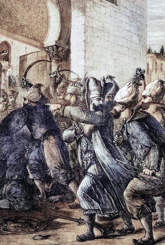 The attack by the chief black eunuch named Nezir and his men on the seraglio and the palace in Constantinople in 1807. in which Selim III. the reform-minded Sultan of the Ottoman Empire from 1789 to 1807. was assassinated. digital reproduction of a historical original