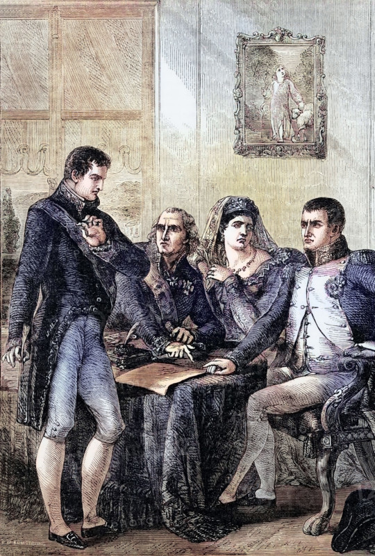 Ferdinand VII of Spain abdicated his crown to Emperor Napoleon on May 6. 1808. Napoleon subsequently kept Ferdinand under guard for six years at the Château de Valencay in France. digital reproduction of a historical original.