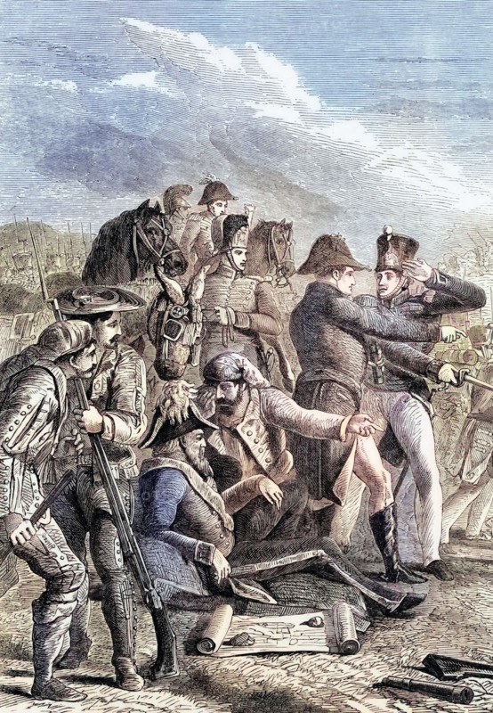 The Battle of Talavera (27–28 July 1809) was a battle fought about 120 kilometers southwest of Madrid. Spain. during the Spanish War of Independence. when an Anglo-Spanish army under Sir Arthur Wellesley cooperated with a Spanish army in operations against French-occupied Madrid. digital reproduction of a historical original