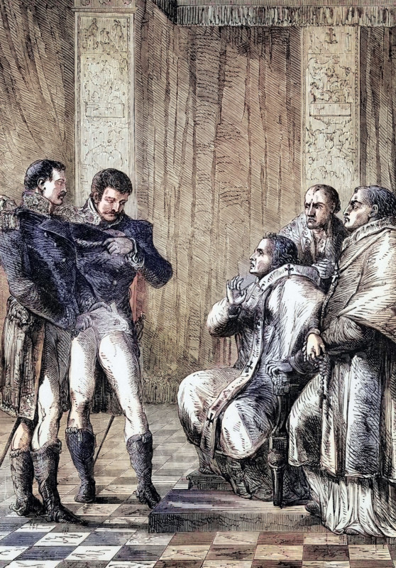 The arrest of Pope Pius VII after the occupation and annexation of the Papal States by France in 1809. after which he was exiled to Savona in northern Italy. digital reproduction of a historical original