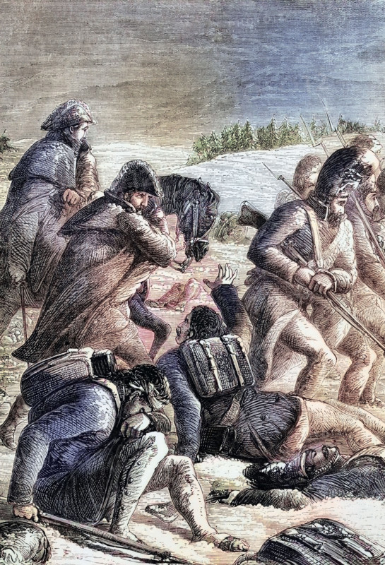 October 19. 1812. just one month after Napoleon Bonaparte's massive invasion force entered a burning and deserted Moscow. the starving French army was confronted by the Russian winter and forced to make a hasty retreat. digital reproduction of a historical original