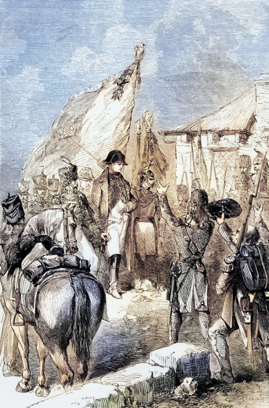 On 26 February 1815. when British and French guard ships were missing. Napoleon I sneaked away from Elba with about 600 men and landed on 1 March 1815 in Golfe-Juan near Antibes. digital reproduction of a historical model