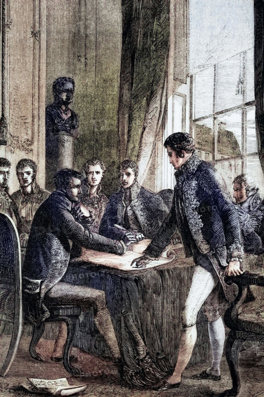 An Allied representative signs the Treaty of Paris of 1815 on 20 November 1815 after the defeat and second abdication of Napoleon Bonaparte. digital reproduction of a historical original