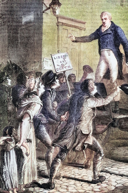 Henry Orator Hunt (1773-1835). a British radical orator and agitator. was invited by the Patriotic Union Society. founded by the Manchester Observer. to speak at a rally in Manchester on August 16. 1819. The Peterloo Massacre occurred. after which he was arrested and sentenced to two years in prison. Digital reproduction of a historical original.