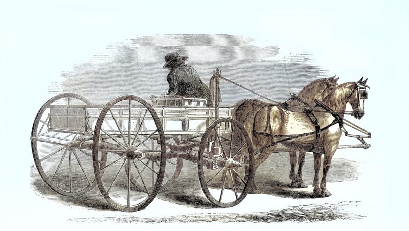 An automatic rein holder on the carriage of a horse-drawn team.
