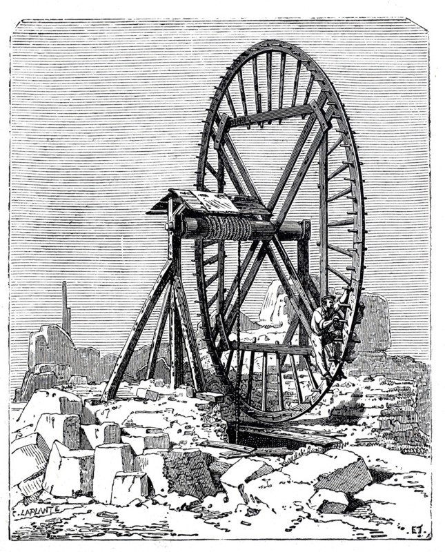 Lifting loads in quarries by a wheel.