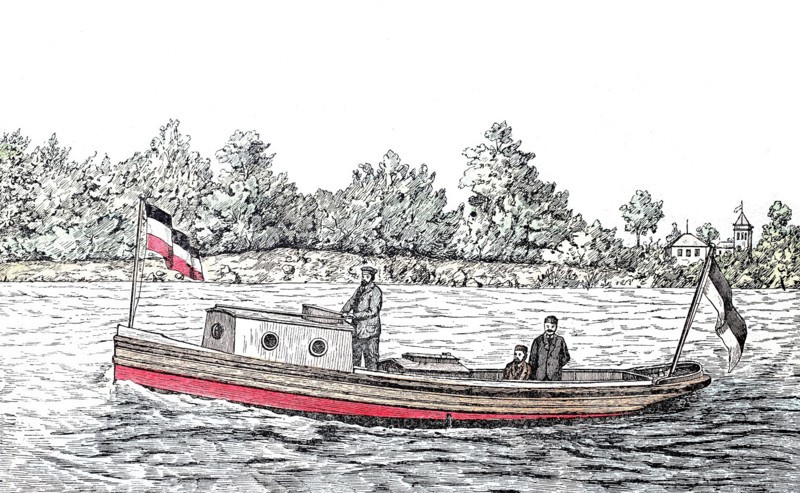 Motorboat powered by a petroleum engine.