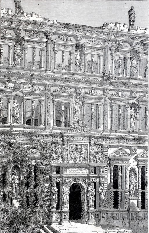 Detail of the facade of the Otto-Heinrich-Haus in Heidelberg.
