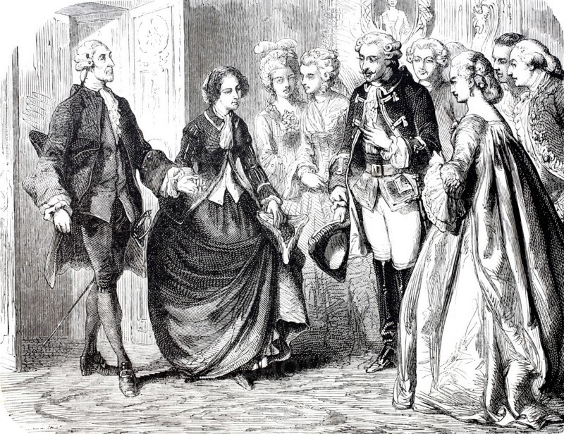 The Chevalier leads the lady into the hall with his arm outstretched.