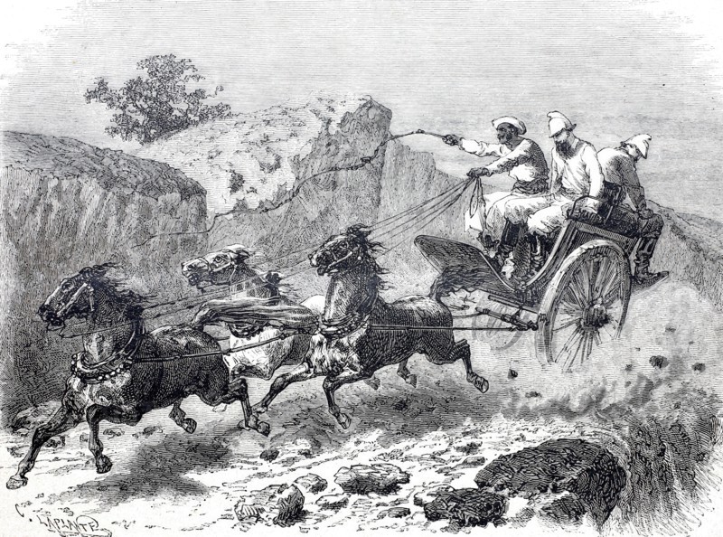 An express mail coach in the East Indies in 1870 at full speed.