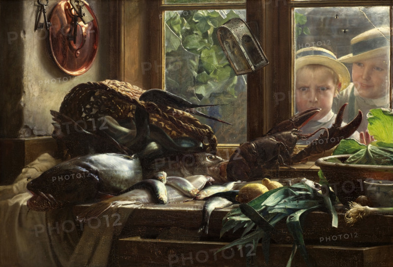 Kitchen table with fish and seafood
