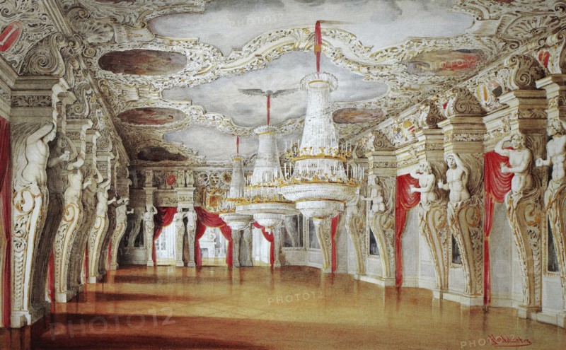 The Giant's Hall in Ehrenburg Castle. 1845. Coburg. Upper Franconia. Bavaria. Germany. Historical. digitally restored reproduction from a 19th-century original