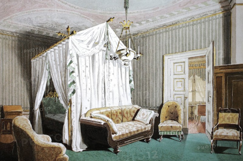 Queen Victoria's bedroom in Ehrenburg Castle. 1860. Coburg. Upper Franconia. Bavaria. Germany. Historical. digitally restored reproduction from a 19th-century original