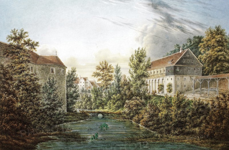 Ehrenburg Castle. ballroom and moat in 1820. Coburg. Upper Franconia. Bavaria. Germany. Historical. digitally restored reproduction from a 19th-century original