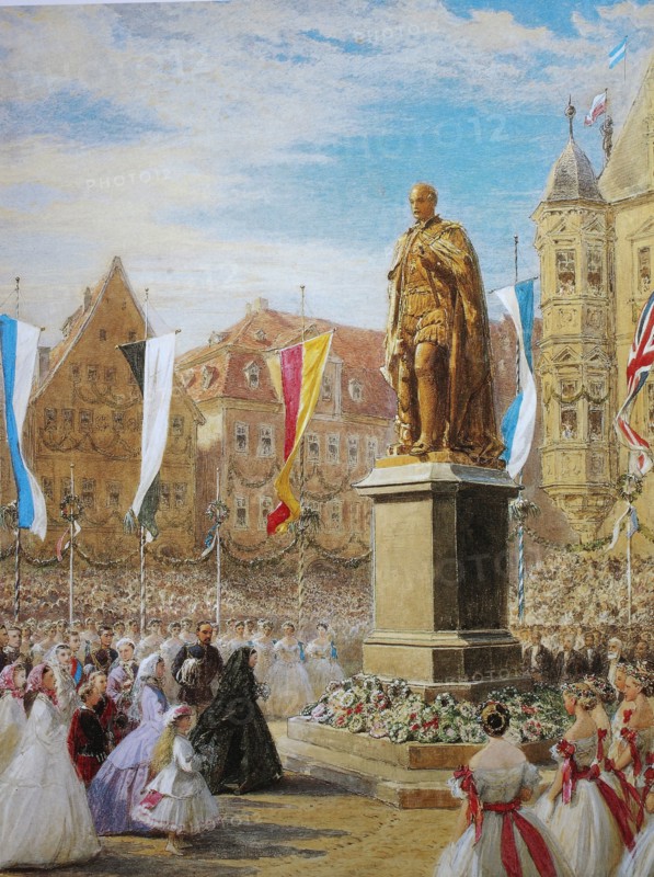Queen Victoria laying a wreath before the statue of the Prince Consort. 26 August 1845. Coburg. Upper Franconia. Bavaria. Germany. Historical. digitally restored reproduction from a 19th-century original