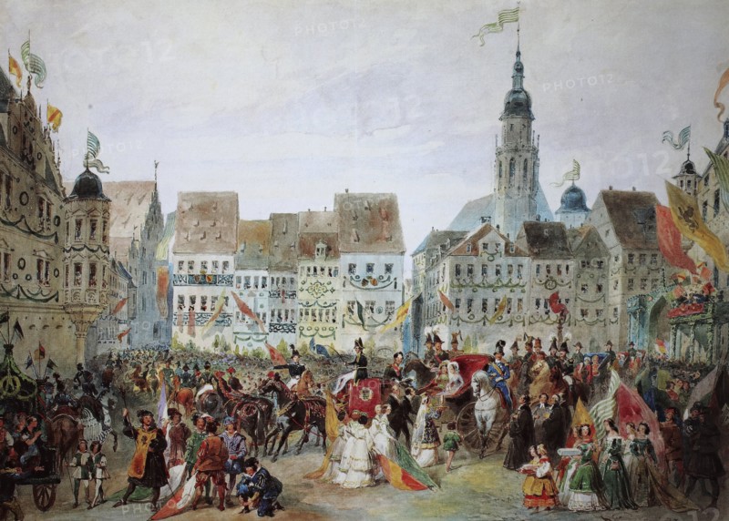 Entry of the Hereditary Prince of Saxony. Coburg. and Gotha with his bride. 14 May 1842. Coburg. Upper Franconia. Bavaria. Germany. Historical. digitally restored reproduction from a 19th-century original