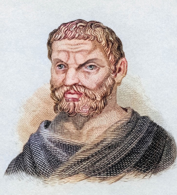 Thales of Miletus (born probably around 624/23 BC in Miletus. died between 548 and 544 BC there) was a pre-Socratic natural philosopher. geometer and astronomer of archaic Greece. from the book Crabbe's Historical Dictionary. 1825. Historical. colored. digitally restored reproduction from a 19th-century original