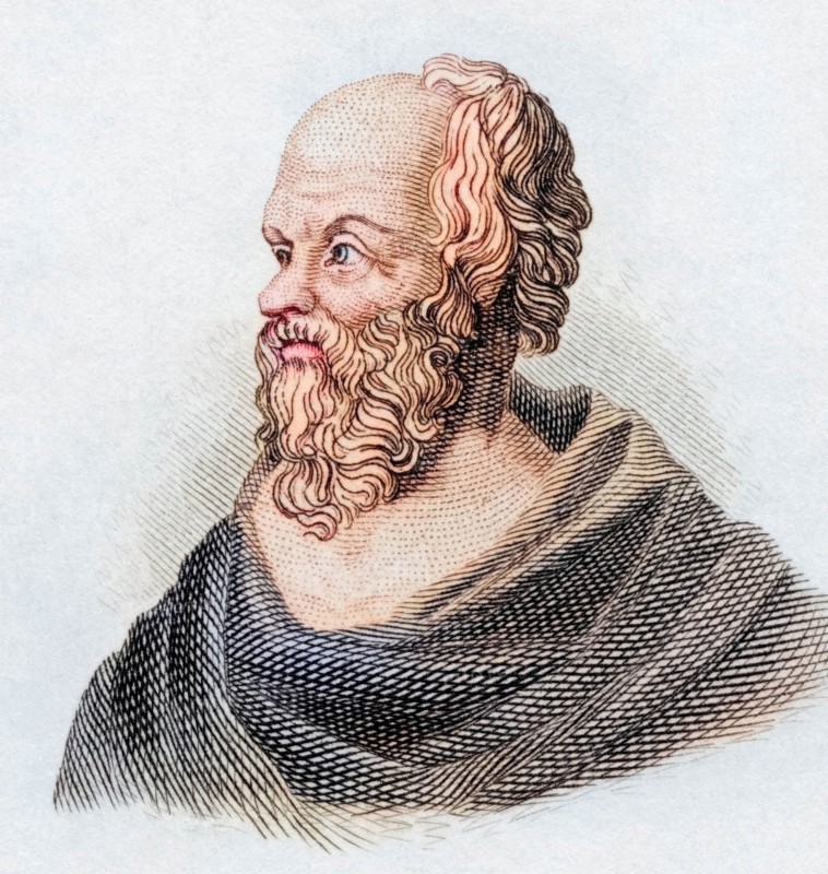 Socrates (born 469 BC in Alopeke. Athens. died 399 BC in Athens) was a Greek philosopher who was fundamental to Western thought and who lived and worked in Athens during the time of the Athenian democracy. From the book Crabbe's Historical Dictionary. 1825. Historical. colored. digitally restored reproduction from an original from the 19th century