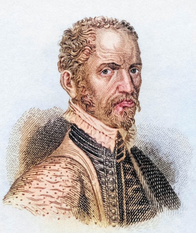 Hubertus Goltzius (born 1526. died 1583). Dutch humanist. numismatist. printer. engraver and painter. from the book Crabbe's Historical Dictionary. 1825. historical. colored. digitally restored reproduction from an original from the 19th century