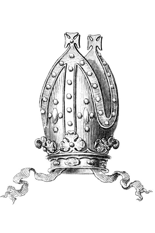 Mitre. the traditional liturgical headgear of bishops in many Christian churches. Historical. digitally restored reproduction from a 19th-century original
