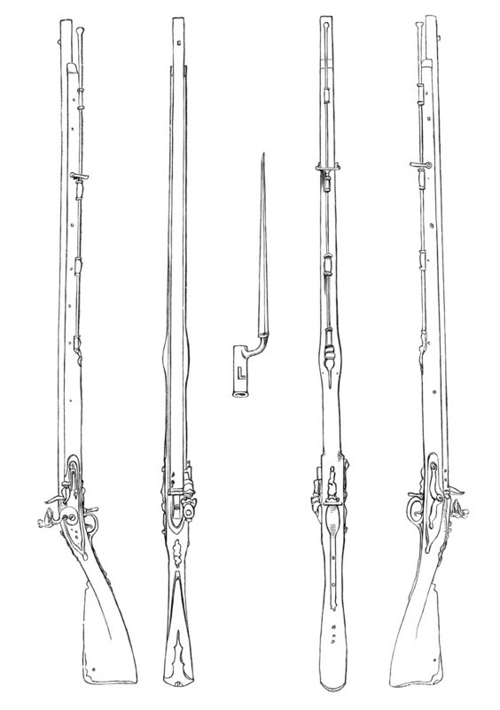 Weapons. muskets with plug bayonet. from the book The British Army. 1868. Historical. digitally restored reproduction from a 19th-century original