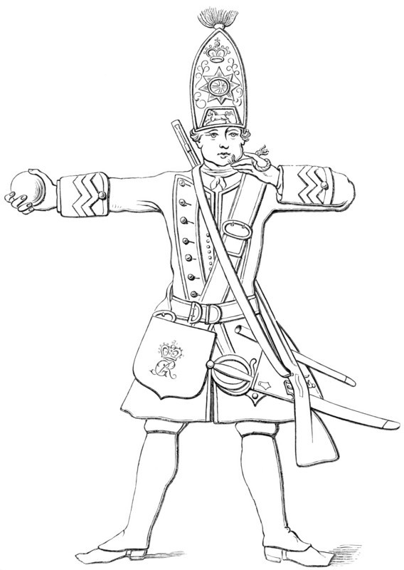 grenadier of His Majesty's 1st Regiment of Foot. 1745. England. from the book The British Army. 1868. Historical. digitally restored reproduction from a 19th-century original