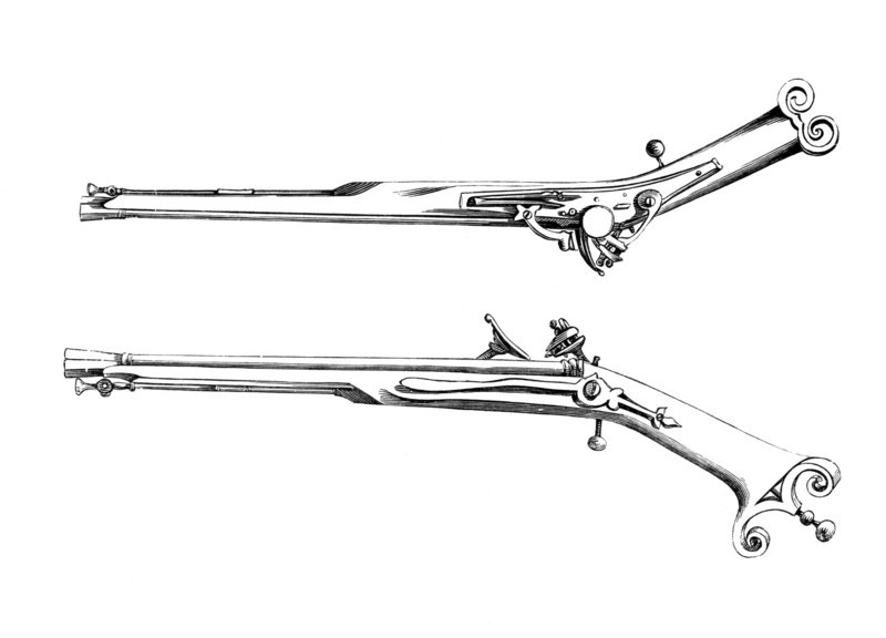 Snaphance Highland pistol. with very straight iron stock. circa 1630. A snaphance or snaphaunce is a type of firearm lock in which a flint struck against a striking plate over a steel pan ignites the primer that sets the weapon in motion. From the book The British Army. 1868. Historical. digitally restored reproduction from a 19th-century original