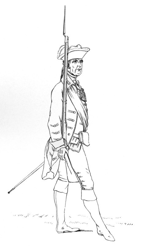Officer of the Norfolk Militia with fusilier. flintlock musket. and gorget. cloth bound. 1759 AD. from the book The British Army. 1868. historical. digitally restored reproduction from a 19th-century original