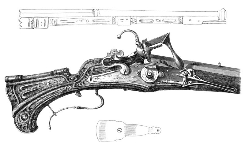 Rifle. wheel. and matchlock in combination. around 1620. from the book The British Army. 1868. Historical. digitally restored reproduction from a 19th-century original