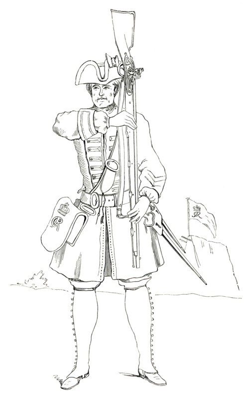 Foot soldier with weapons. England. 1745. from the book The British Army. 1868. Historical. digitally restored reproduction from a 19th-century original