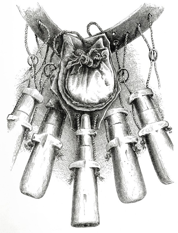 18th-century weapon technology. bandoleers showing the arrangement of the cords. rings. bullet pocket. and percussion cap. from the book The British Army. 1868. Historical. digitally restored reproduction from a 19th-century original