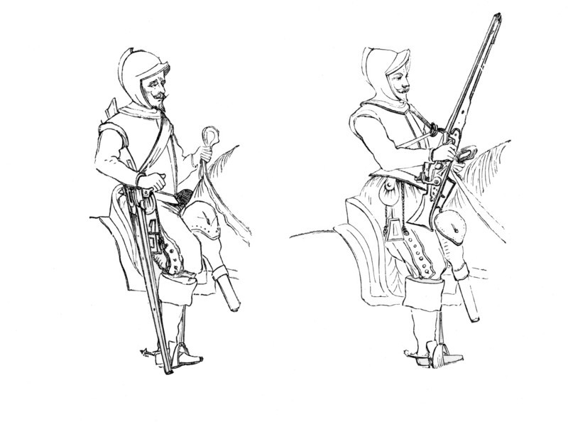 The marching stance of the arquebusier riders. Harquebusiers with snap-hance carbines. dated 1632. from the book *The British Army*. 1868. Historical. digitally restored reproduction from a 19th-century original