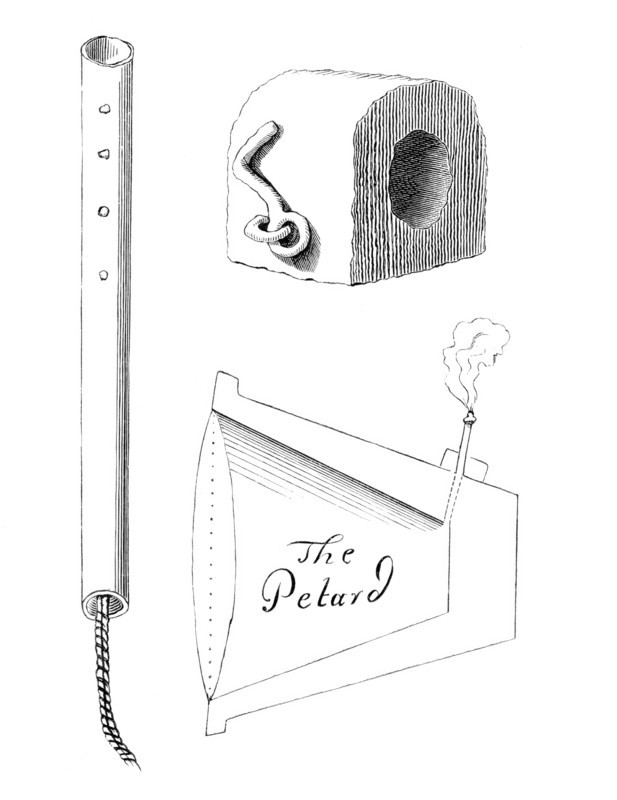 Petards or small bombs. usually conical or rectangular metal objects containing gunpowder and the tube in which the lit match is carried. from the book The British Army. 1868. Historical. digitally restored reproduction from a 19th-century original