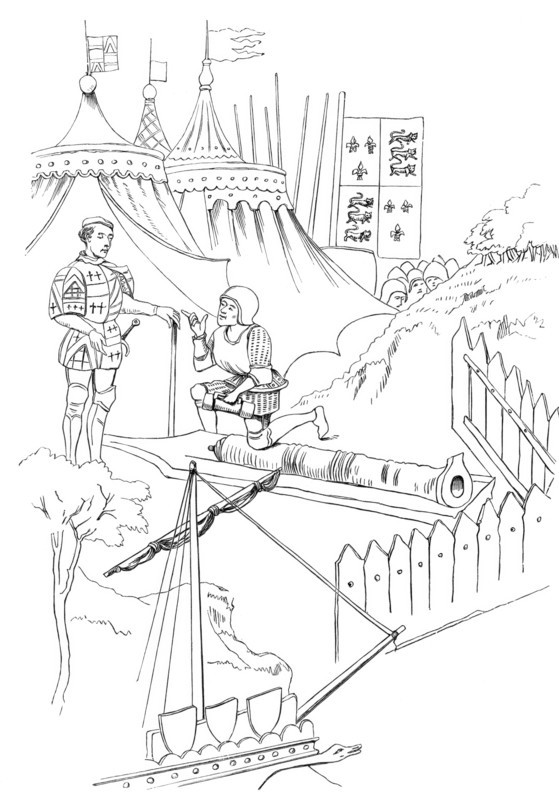 Illustration of a chamber being inserted into the breech of a cannon. from a 15th-century manuscript. from the book The British Army. 1868. Historical. digitally restored reproduction from a 19th-century original